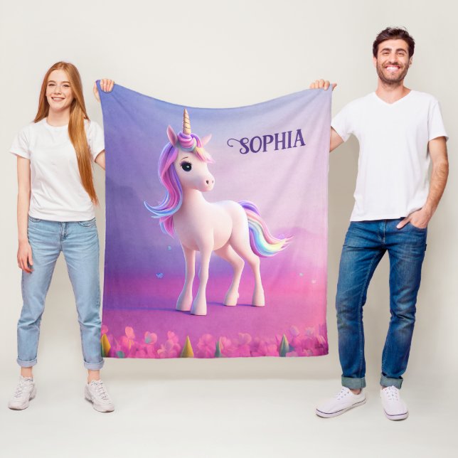 Cute White Unicorn With Pink & Blue Mane Fleece Blanket (In Situ)