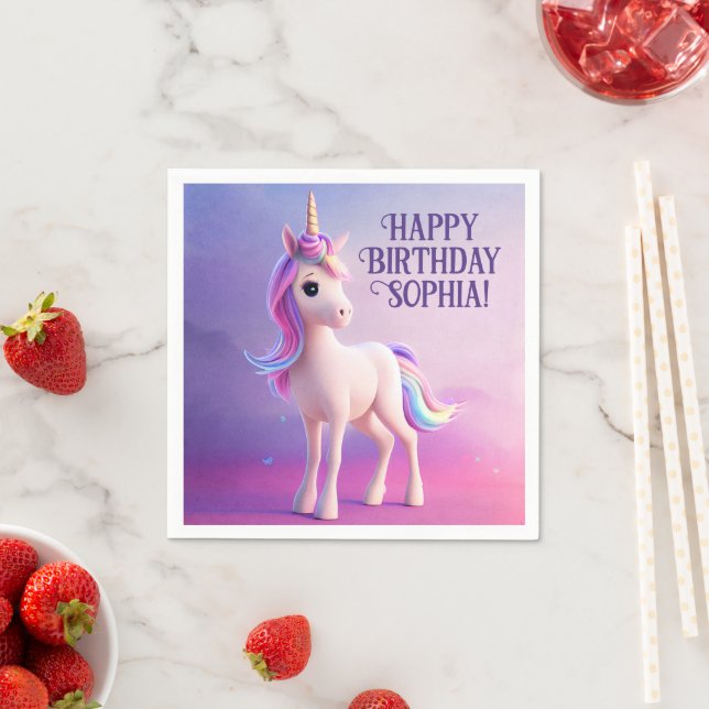 Cute White Unicorn With Pink & Blue Mane Napkin (Insitu)