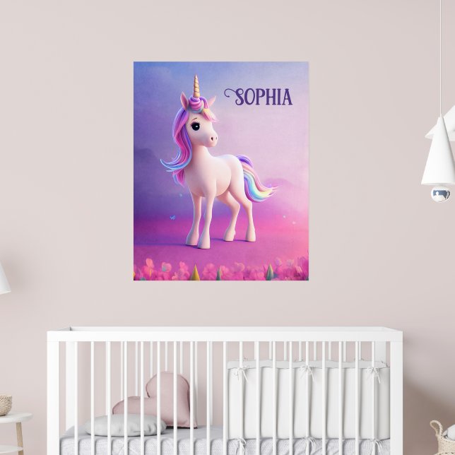 Cute White Unicorn With Pink & Blue Mane Poster (Nursery 2)