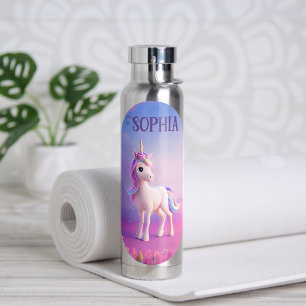 Cute White Unicorn With Pink & Blue Mane Water Bottle