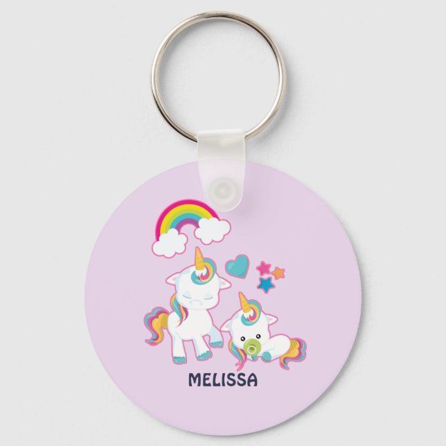 Cute White Unicorns Magical Mama & Baby Keychain (Front)