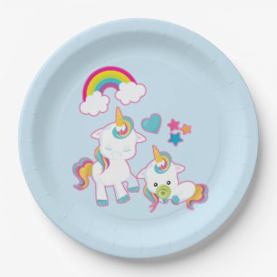 Cute White Unicorns Magical Mama & Baby Paper Plate