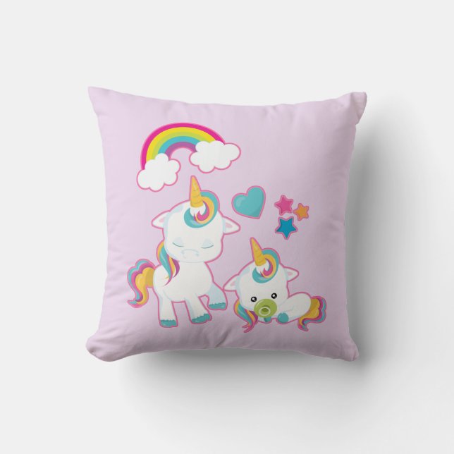 Cute White Unicorns Magical Mama & Baby Throw Pillow (Front)