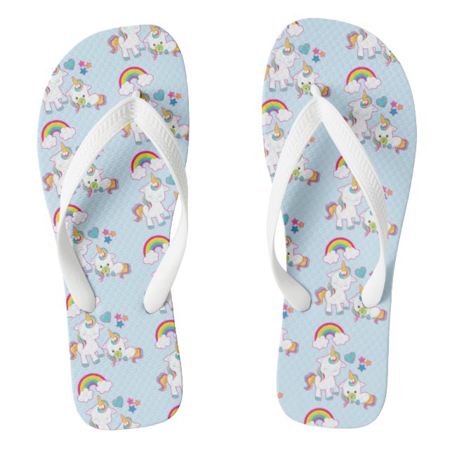 Cute White Unicorns Magical Mother & Baby Pattern Flip Flops (Footbed)