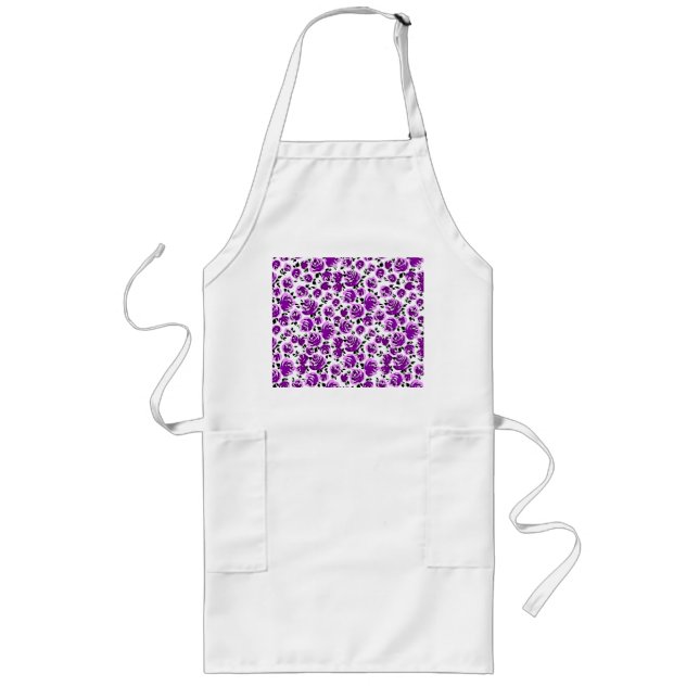 Cute white violet roses patterns long apron (Front)