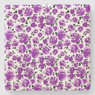 Cute white violet roses patterns stone coaster