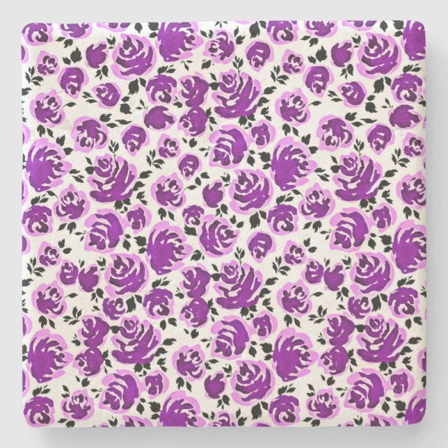 Cute white violet roses patterns stone coaster (Front)