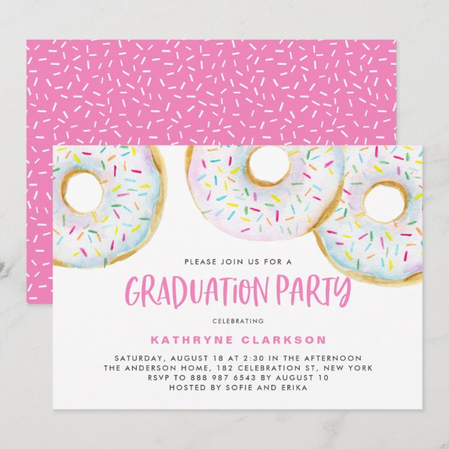 Cute White Watercolor Doughnuts Graduation Party Invitation (Front/Back)