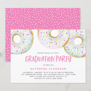 Cute White Watercolor Doughnuts Graduation Party Invitation