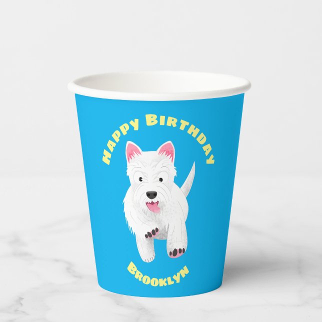 Cute white west highland terrier cartoon birthday paper cups (Front)