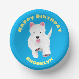 Cute white west highland terrier cartoon birthday paper plate