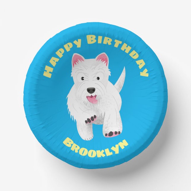 Cute white west highland terrier cartoon birthday paper plate (Front)