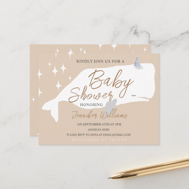 Cute White Whale Baby shower Beige Invitation (Devant/Arrière en situation)
