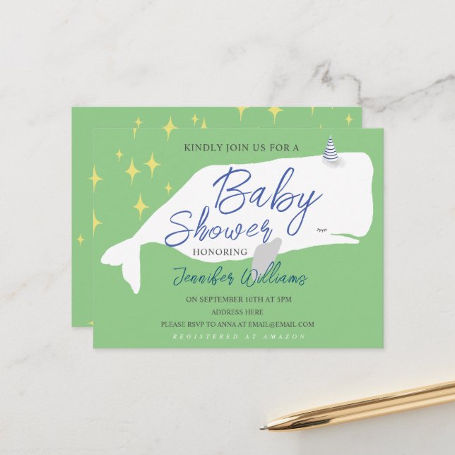 Cute White Whale Baby Shower Invitation Postcard (Front/Back In Situ)