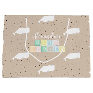Cute White Whale Baby Shower Neutral Beige  Large Gift Bag