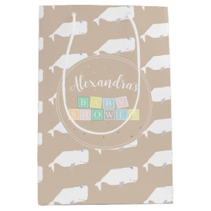 Cute White Whale Baby Shower Neutral Beige Medium Gift Bag