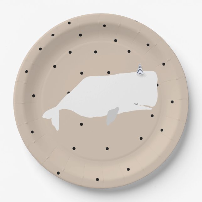 Cute White Whale Baby Shower Neutral Beige  Paper Plate (Front)