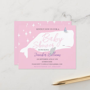 Cute White Whale Girl Baby shower rose Invitation