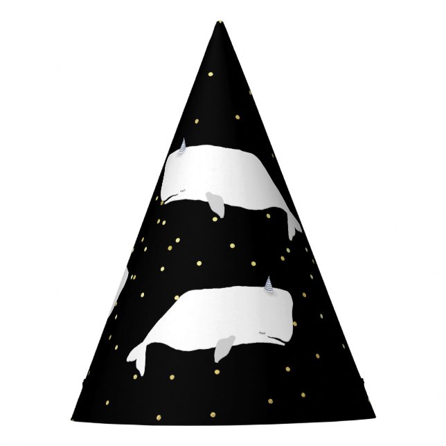 Cute White Whale Gold Dots Black Party Hat (Front)