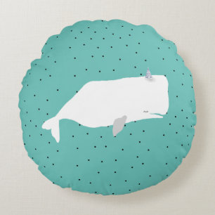 Cute White Whale Light Teal Round Pillow