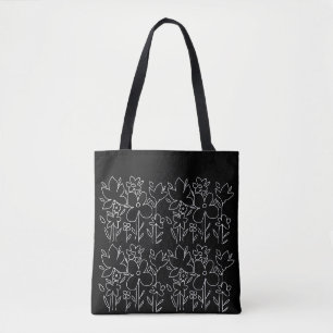 Cute White Wildflowers Pattern Black and White Tote Bag