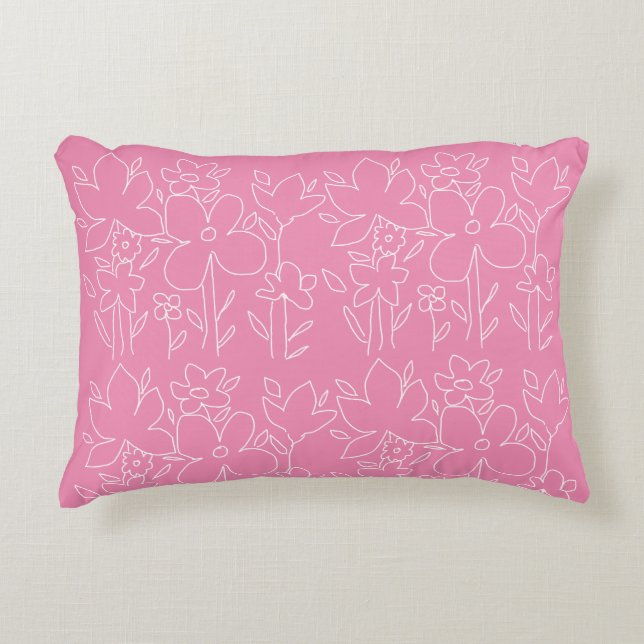 Cute White Wildflowers Pattern Pink Accent Pillow (Front)