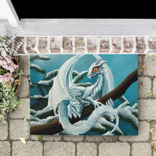 Cute White Winter Dragon Snowy Pine Tree Fantasy Doormat