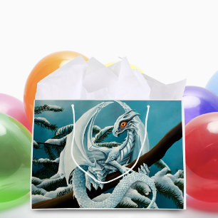 Cute White Winter Dragon Snowy Pine Tree Fantasy Large Gift Bag