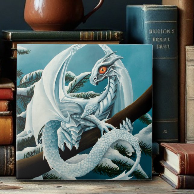 Cute White Winter Dragon Snowy Pine Tree Fantasy Tile (Creator Uploaded)