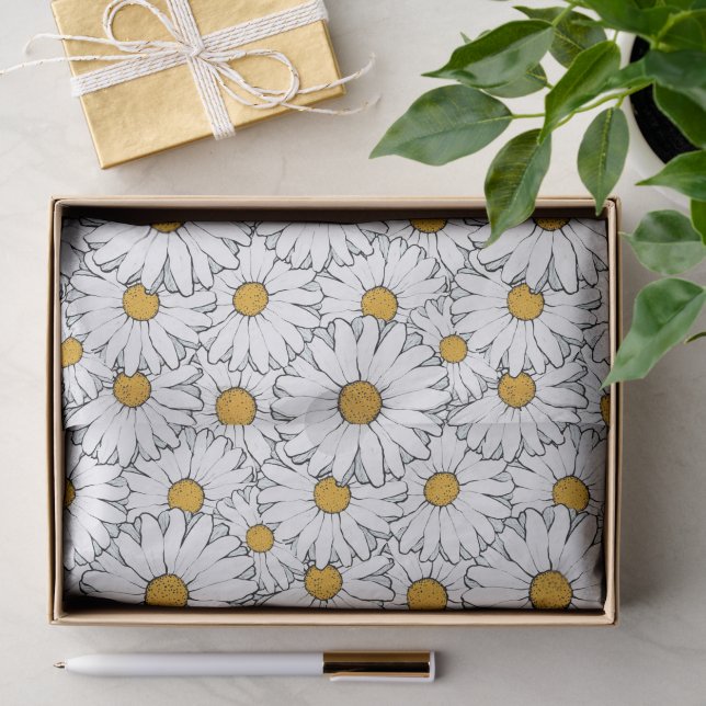 Cute White Yellow Daisies Floral Art Pattern Tissue Paper (Gift)