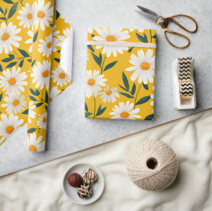 Cute White Yellow Daisies Floral Art Pattern Wrapping Paper