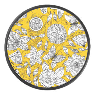 Cute white yellow floral abstract design hockey puck