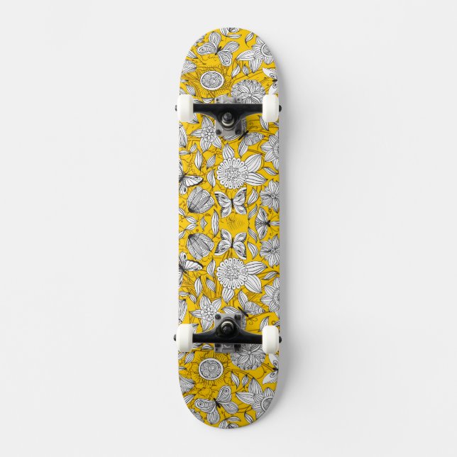 Cute white yellow floral abstract design skateboard (Front)