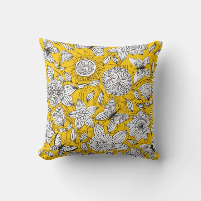 Cute white yellow floral abstract design throw pillow (Front)