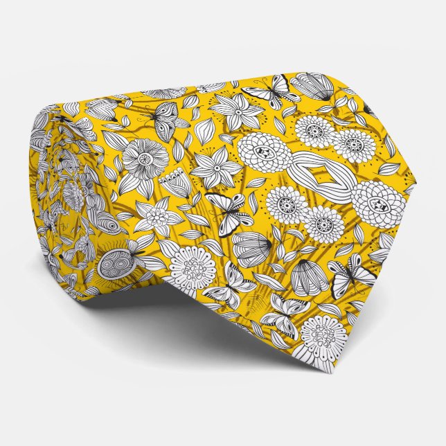 Cute white yellow floral abstract design tie (Rolled)