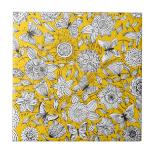 Cute white yellow floral abstract design tile