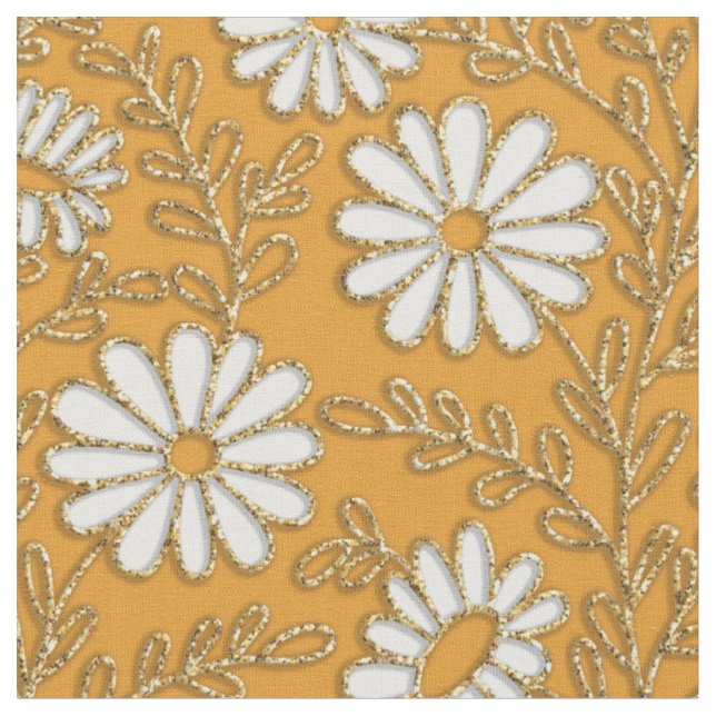 Cute White Yellow Gold Daisies Floral Pattern  Fabric (Close Up)
