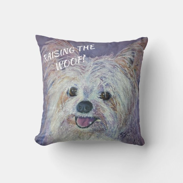 CUTE WHITE YORKIE MIX THROW PILLOW (Front)