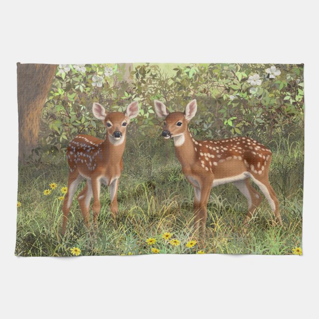 Cute Whitetail Deer Twin Fawns Kitchen Towel (Horizontal)
