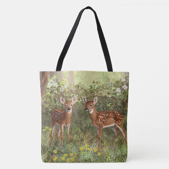 Cute Whitetail Deer Twin Fawns Tote Bag (Front)