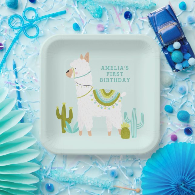 Cute Whole Llama Fun Aqua 1st Birthday Party Paper Plate (Party)