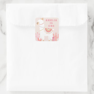 Cute Whole Llama Fun Pink 1st Birthday Favour Square Sticker