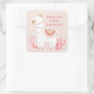Cute Whole Llama Fun Pink 1st Birthday Party Favou Square Sticker