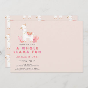 Cute Whole Llama Fun Pink First Birthday Photo Invitation