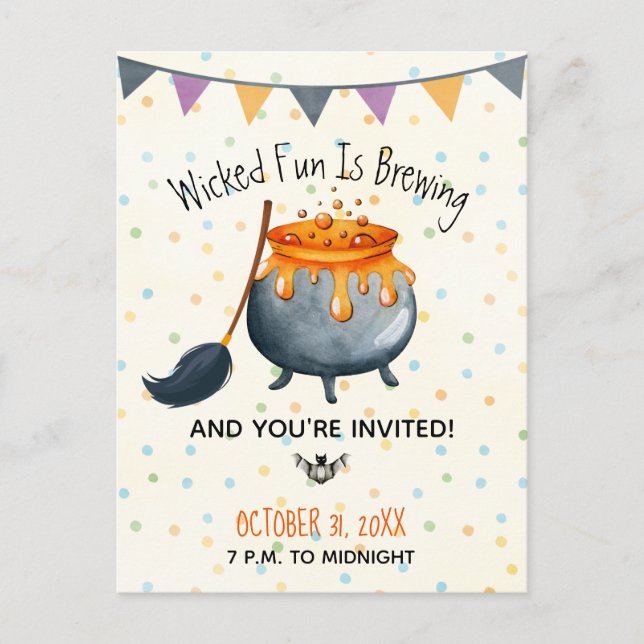 Cute Wicked Fun Is Brewing Halloween Party Postcard (Front)