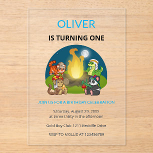 Cute Wild Animals Campfire Kids 1st Birthday Acrylic Invitations