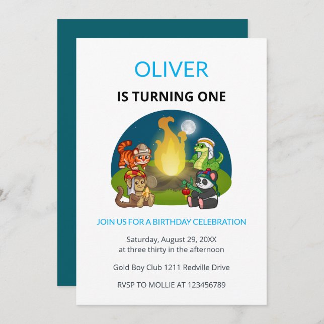 Cute Wild Animals Campfire Kids First Birthday Invitation (Front/Back)