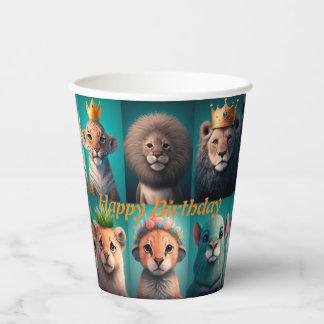 Cute wild animals wearing crowns blue paper cups