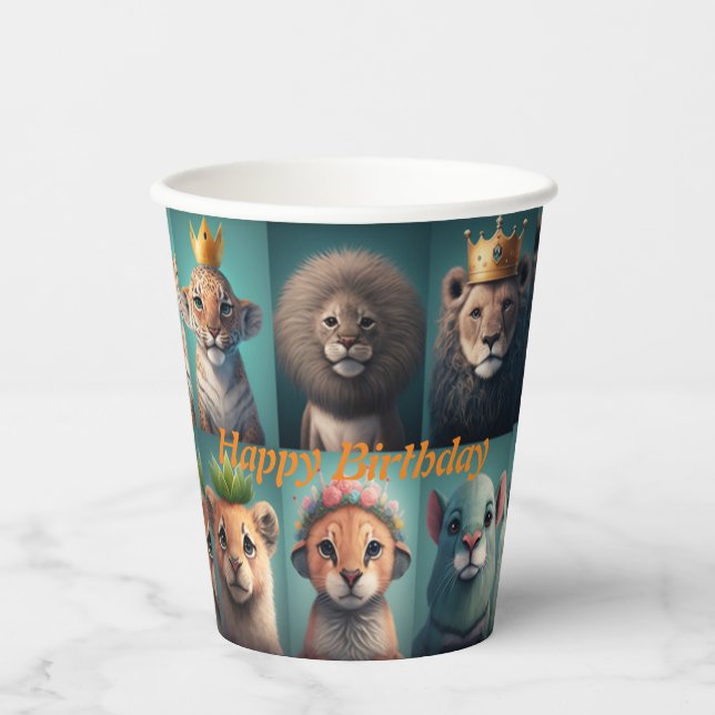 Cute wild animals wearing crowns blue    paper cups (Front)