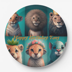 Cute wild animals wearing crowns blue paper plate
